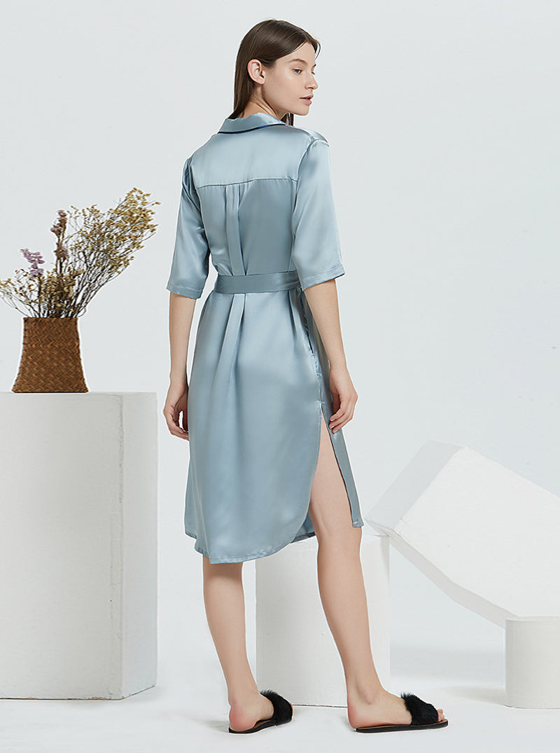 Female 19 Momme Silk Spring And Summer Small Lapel Summer Retro Split Temperament Gray Blue Long Nightgown