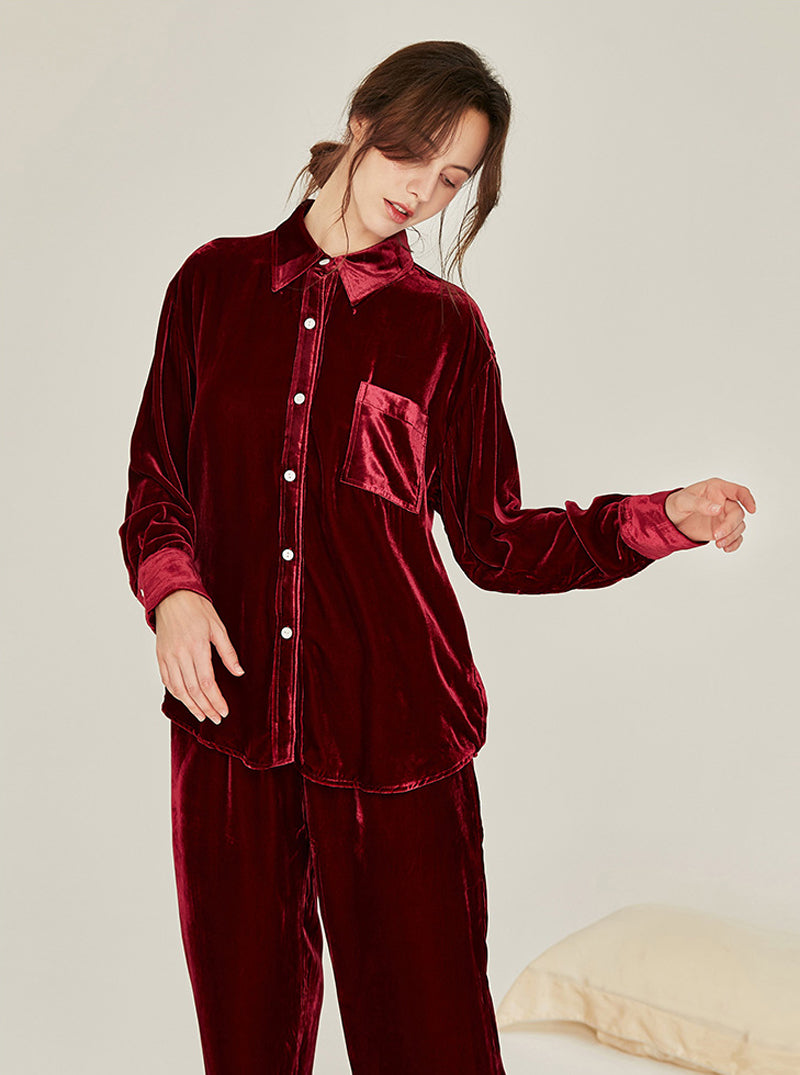 Velvet Multicolor Female Autumn And Winter Shirt Collar High Fashion Warm Chic Retro Long Sleeve Pajamas Two Piece Set