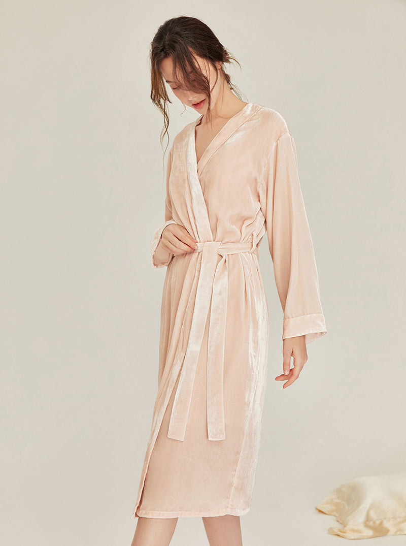 Warm Female Spring Autumn Matching Pajamas Silk Velvet Simplicity Elegant V Collar Sling Short Nightdress And Medium Length Night-Robe Set