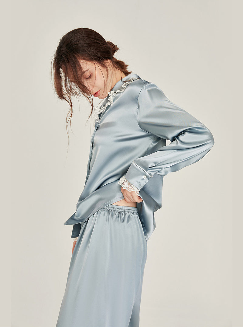 Silk Autumn Matching Pajamas Female Cute Ruffle Lace Lapel Collar Long Sleeve Advanced Sense Two-Piece Set