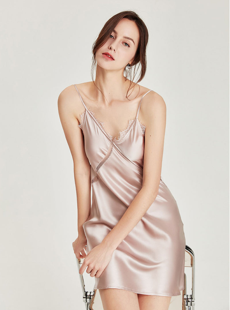 Gray-Pink Temperament Silk Summer Sexy Hollow Lace V Collar Backless Sling Short Nightdress Female