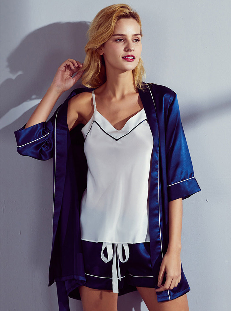 Silk Summer Ladies Contrast Color V-Neck Lace-Up Sweet Sexy Elegant Suspender Shorts Pajamas Three-Piece Pajamas