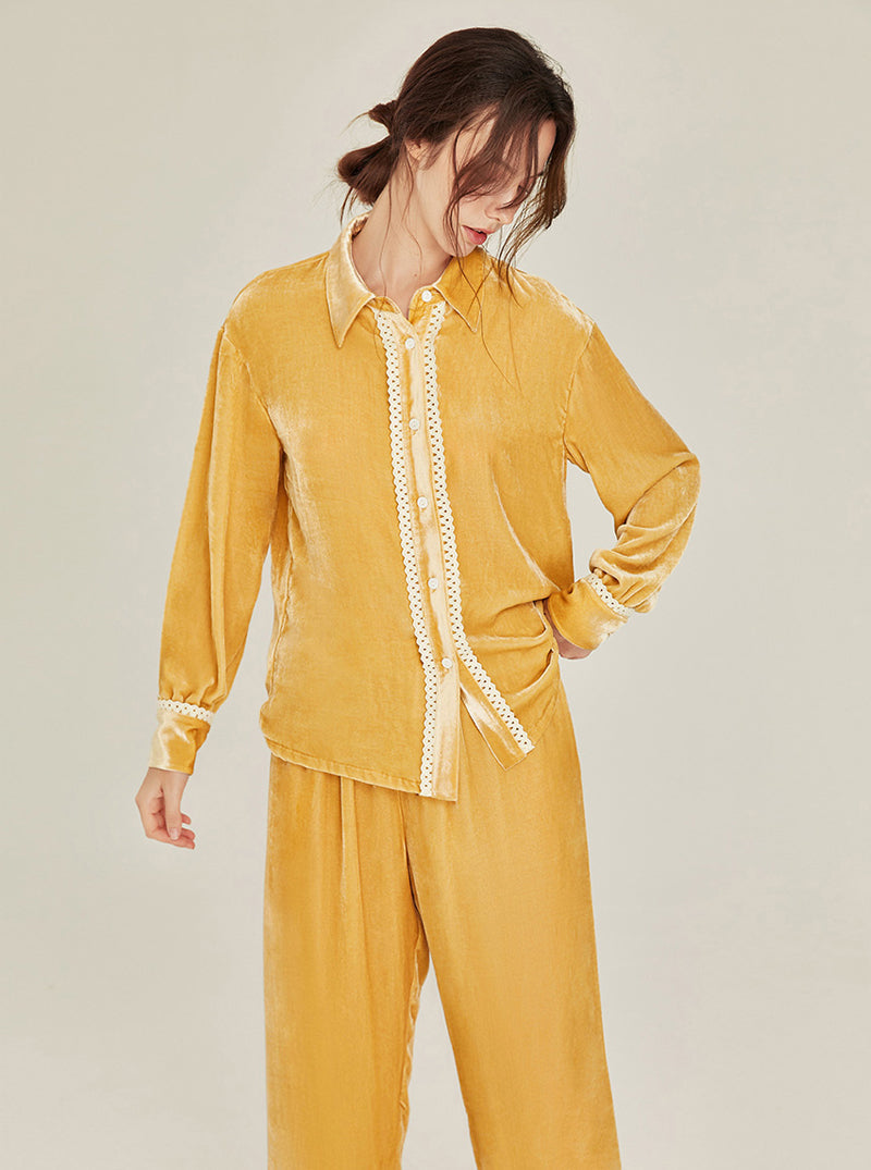 Autumn Winter Warm Mulberry Silk Velvet Matching Pajamas Female Lazy Sense Can Be Worn Outdoors Lapel Lace Design Long Sleeve Two-Piece Set