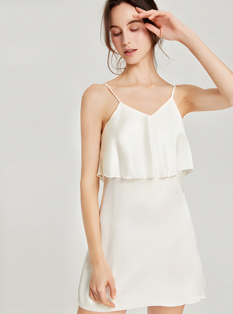 Summer Temperament Pure Color V Collar Bust Ruffle Double Layer Silk Sling Short Nightdress Female