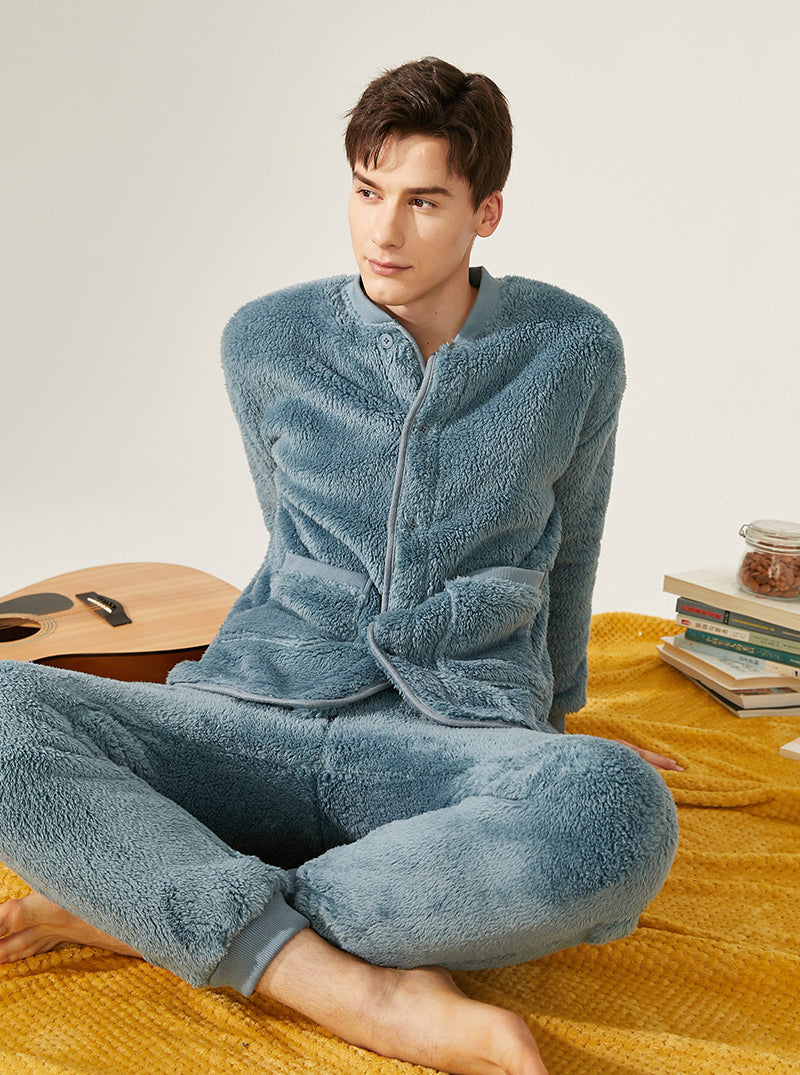 Thickened Warmth Winter Pajamas Male Small V Collar Long Sleeve With Scarf Can Be Worn Outdoors Coral Velvet Set