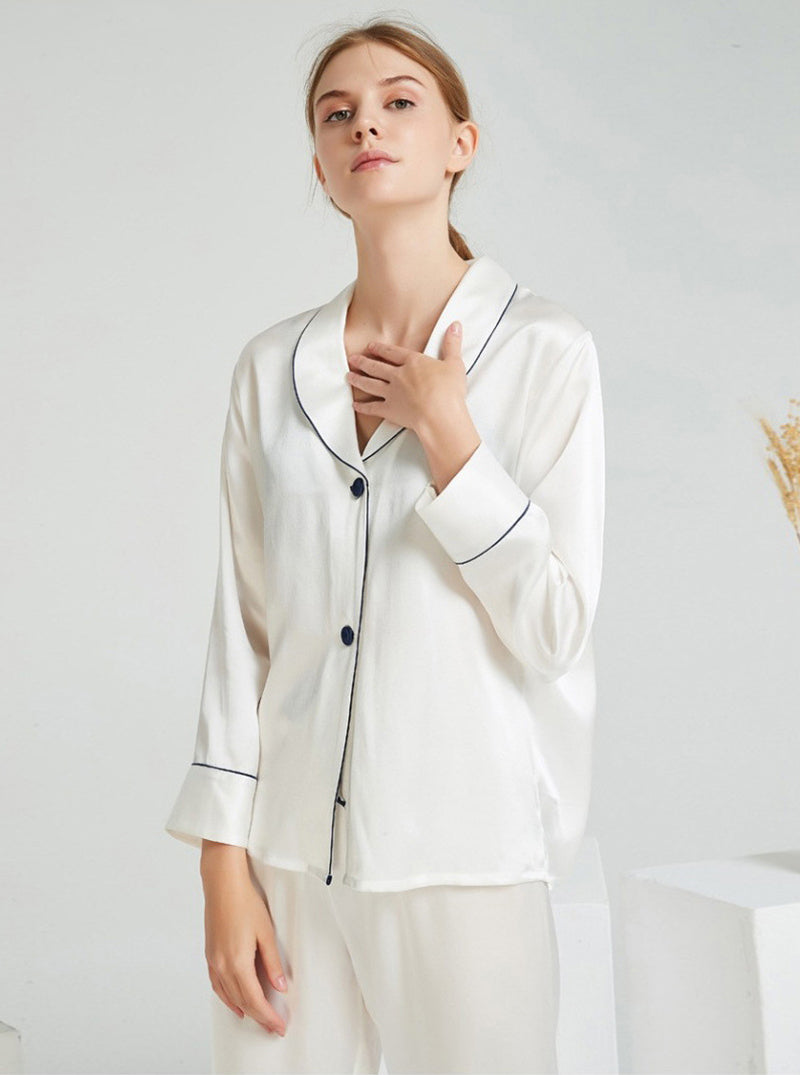 Spring 19 Momme Silk Small Lapel Female Elegant Simple Light Color Long Sleeve Pants Two Piece Pajamas