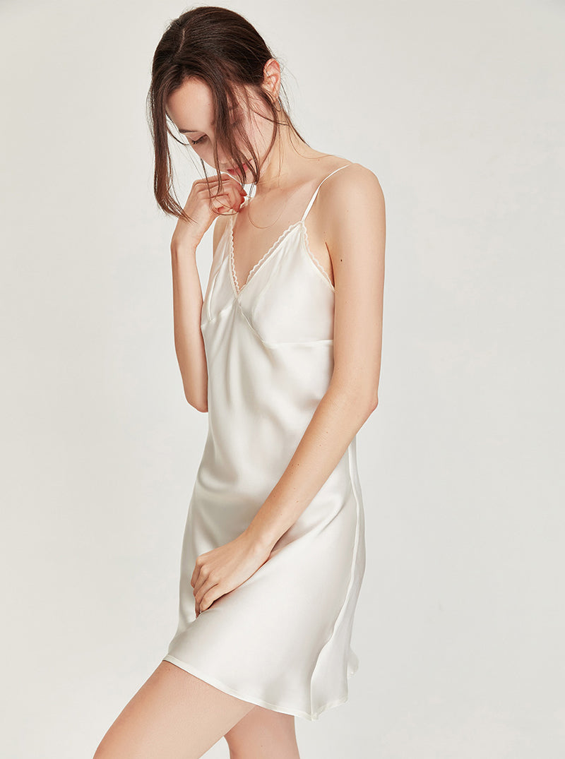 Pure Color Thin Silk Summer Female Sexy Small Lace Edge V Collar Sling Slim Short Nightdress