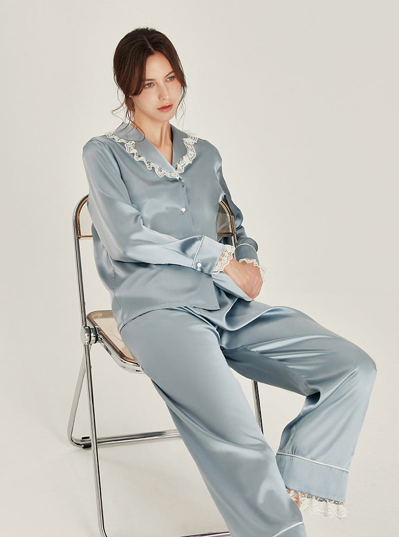 Silk Autumn Matching Pajamas Female Cute Ruffle Lace Lapel Collar Long Sleeve Advanced Sense Two-Piece Set