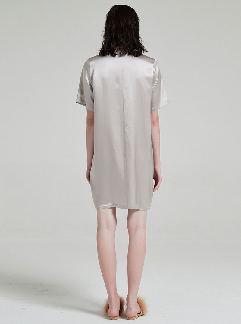Senior Grey 19 Momme Silk Female V-Neck Summer Loose Casual Comfortable Short Sleeve Shirt Nightdress