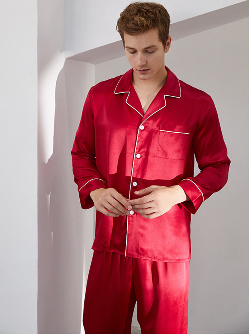 Spring And Summer 16 Momme Silk Male Small Lapel Solid Color Edge Contrast Color Line Simple Long-Sleeved Trousers Two-Piece Pajamas