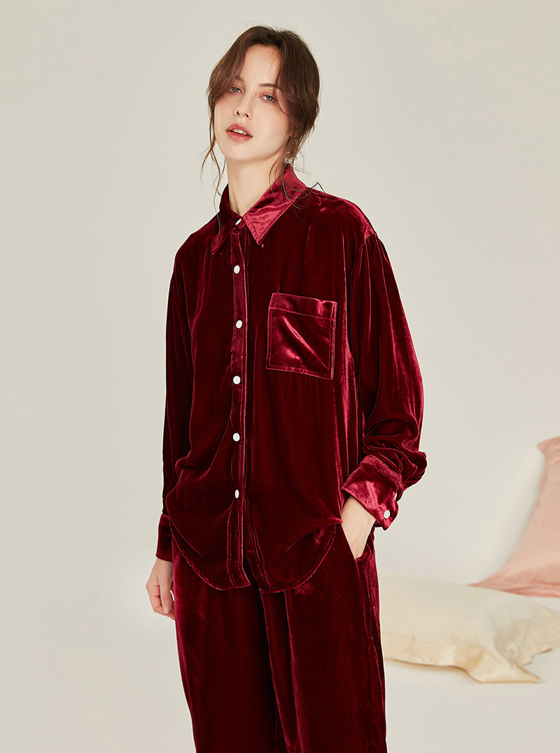 Velvet Multicolor Female Autumn And Winter Shirt Collar High Fashion Warm Chic Retro Long Sleeve Pajamas Two Piece Set