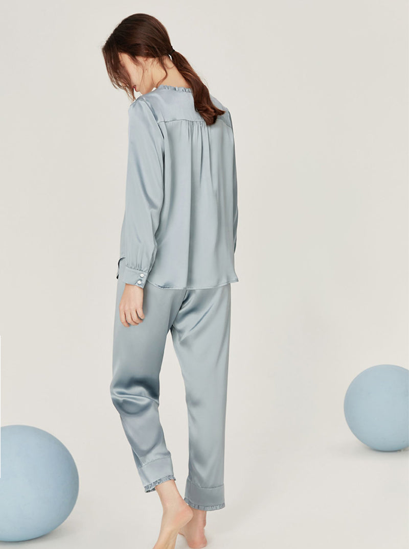 Female Spring Summer Silk Matching Pajamas Sweet Ruffle V Collar Circular Arc Hem Long Sleeve Advanced Sense Two-Piece Set