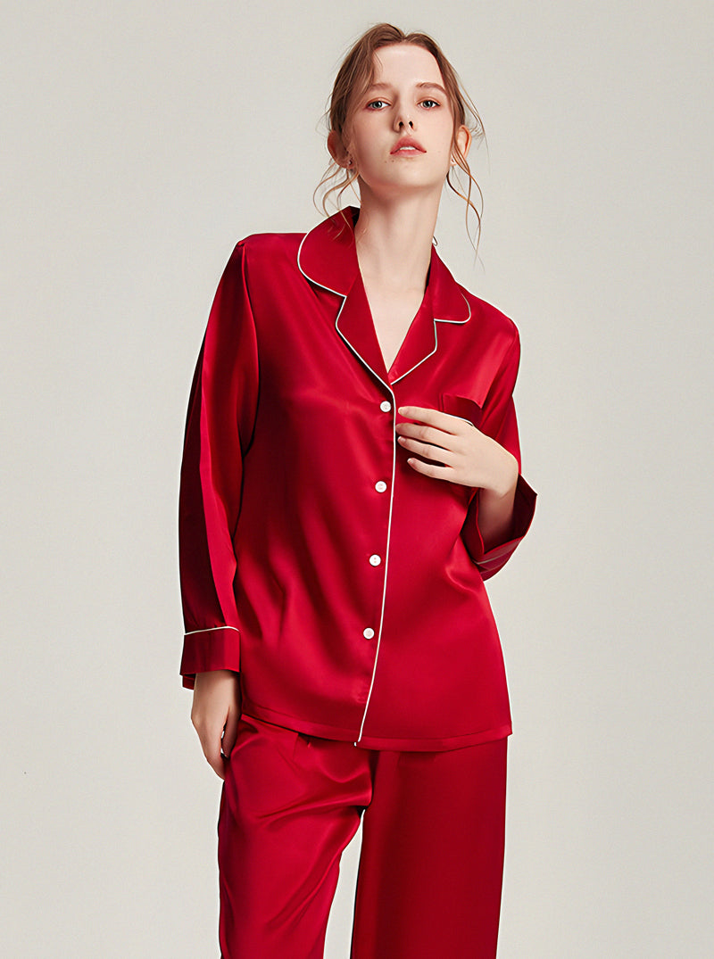 22 Momme Silk Summer Female Fashion Small Lapel Simple Soft Comfortable Youthful Temperament Various Colors Classic Long Sleeve Two-Piece Pajamas