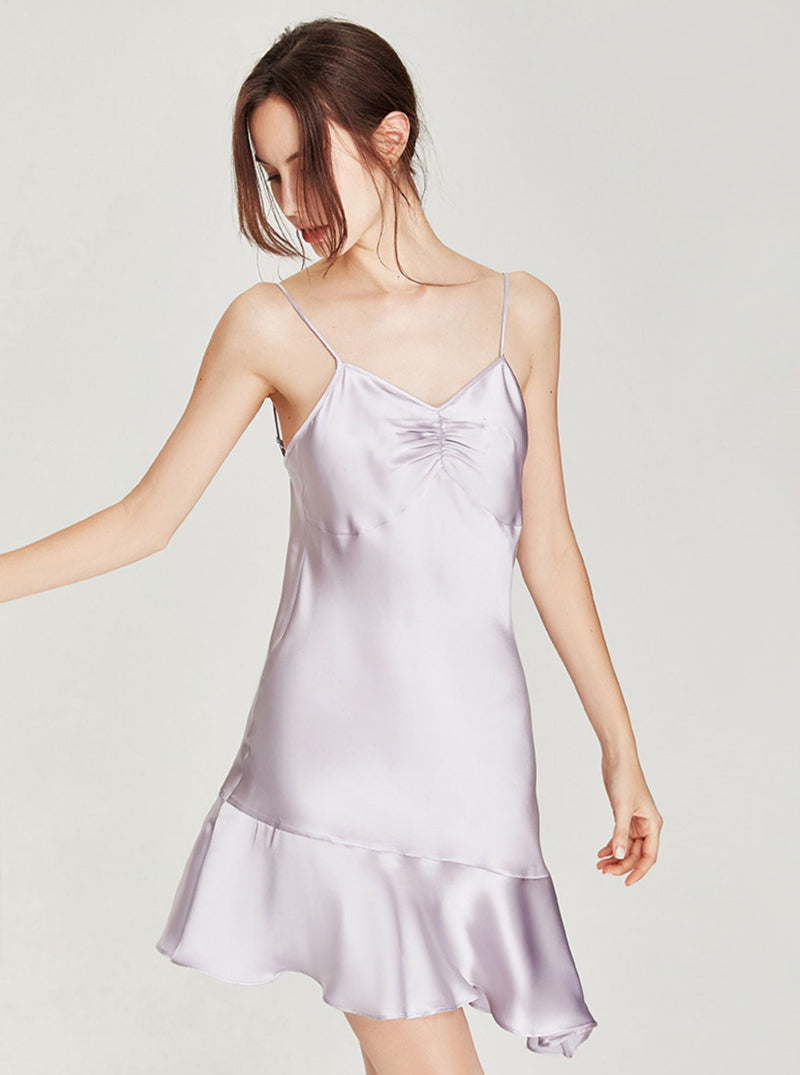 Summer Female Silk Sexy Elegant Fold Design V Collar Splicing Irregular A-Line Big Hem Slim Sling Nightdress