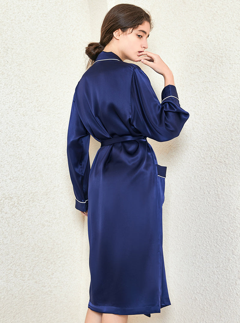 Solid Color 19 Momme Silk Spring And Autumn Female Small Lapel Slim Casual Intellectual Belt Long-Sleeved Nightgown