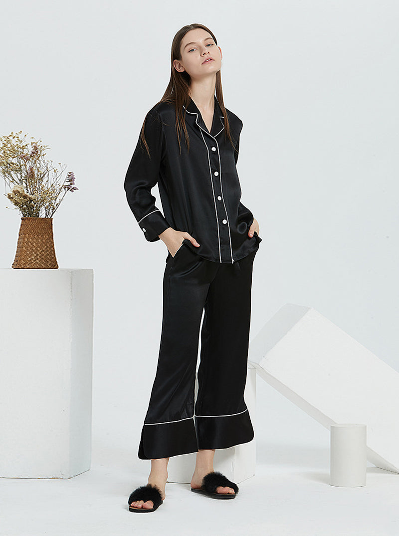 19 Momme Silk Spring And Autumn Female Suit Collar Simple Fashion Comfortable High-End Solid Color Long-Sleeved Trousers Pajamas Two-Piece Set