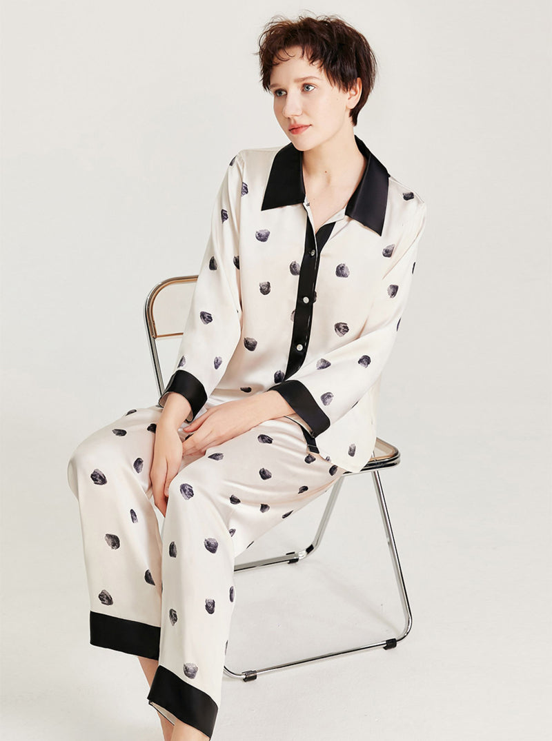 Black And White Polka Dot Pattern Silk Spring And Summer Female Low-Key Simple Retro Shirt Collar Long-Sleeved Pajamas Two-Piece Set