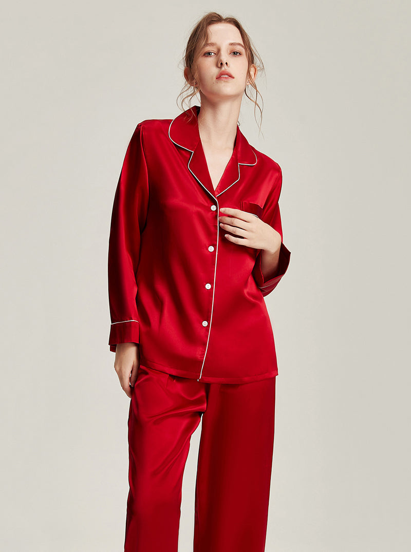 19 Momme Silk Autumn And Winter Female Simple Small Lapel Multi-Color Temperament High-Quality Pajamas Two-Piece Long-Sleeved Trousers