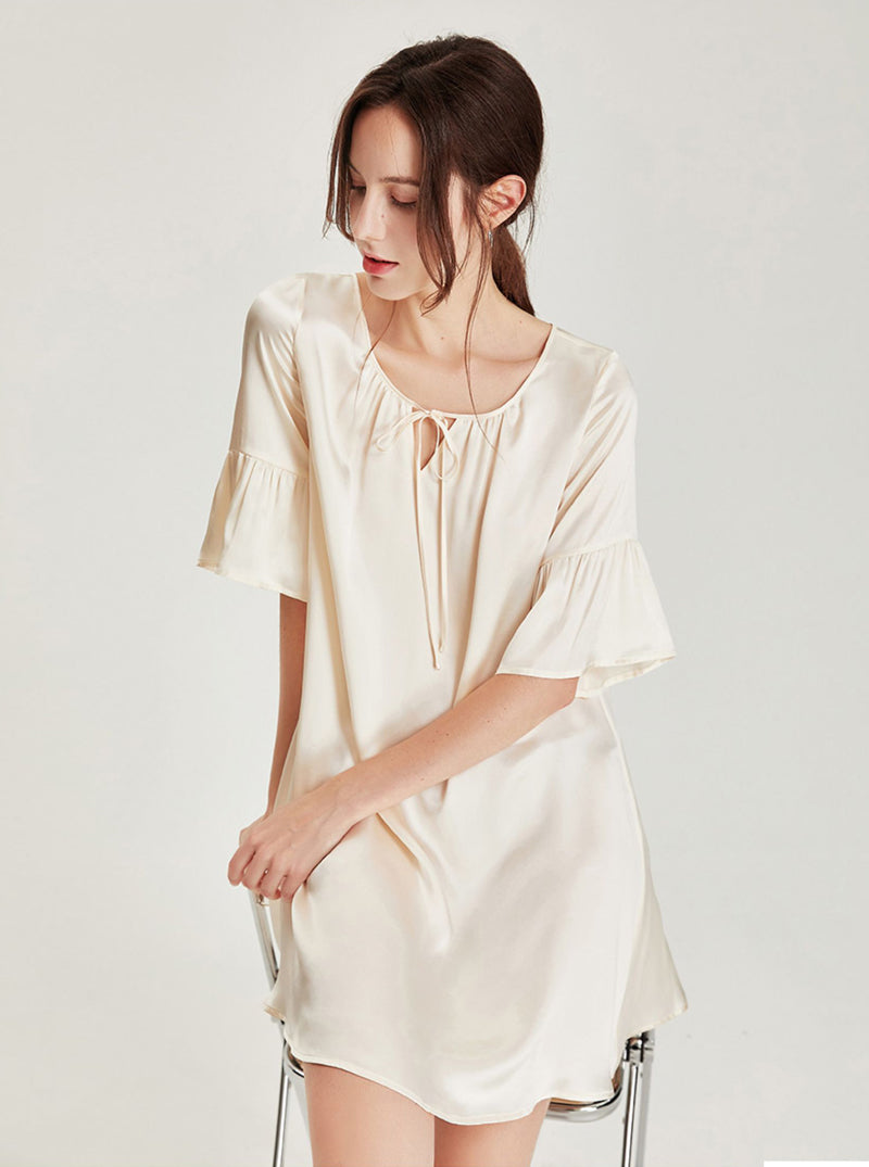 Summer Apricot Court Style Retro Silk Lace-up Small V Collar Ruffle Lantern Short Sleeve Short Loose Nightdress Female