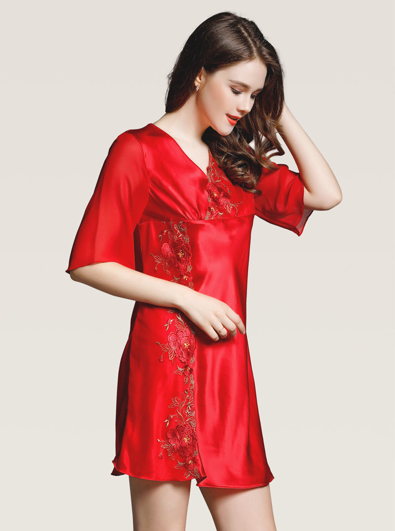 Lace Embroidered Silk Summer Female V Neck Sexy Comfortable Elegant Solid Color Mid Sleeve Nightdress
