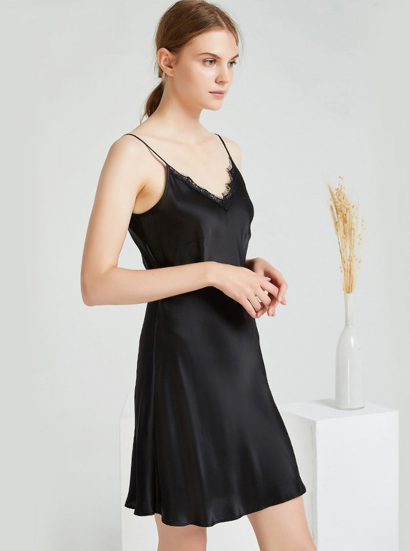 Silk Spring And Summer Ladies V-Neck Casual Breathable Sexy Elegant Lace Solid Color Sling Nightdress
