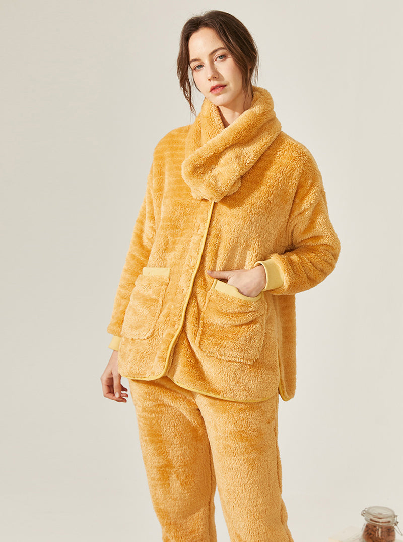 Winter Thickened Warm Pajamas Female Coral Velvet V Collar Long Sleeve With Scarf Can Be Worn Outdoors Set