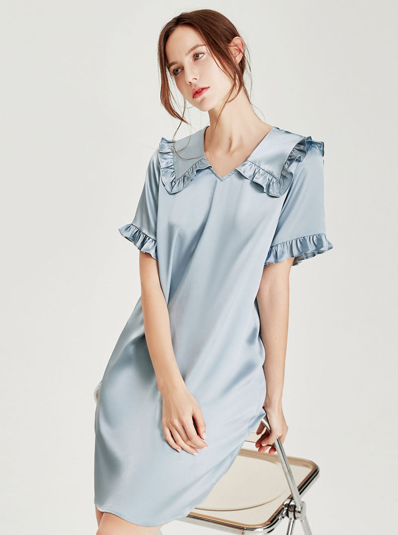 Summer Silk Female Haze Blue Cute Ruffle Splicing Lapel V-neck Short Sleeve Palace Style Shirt Nightdress