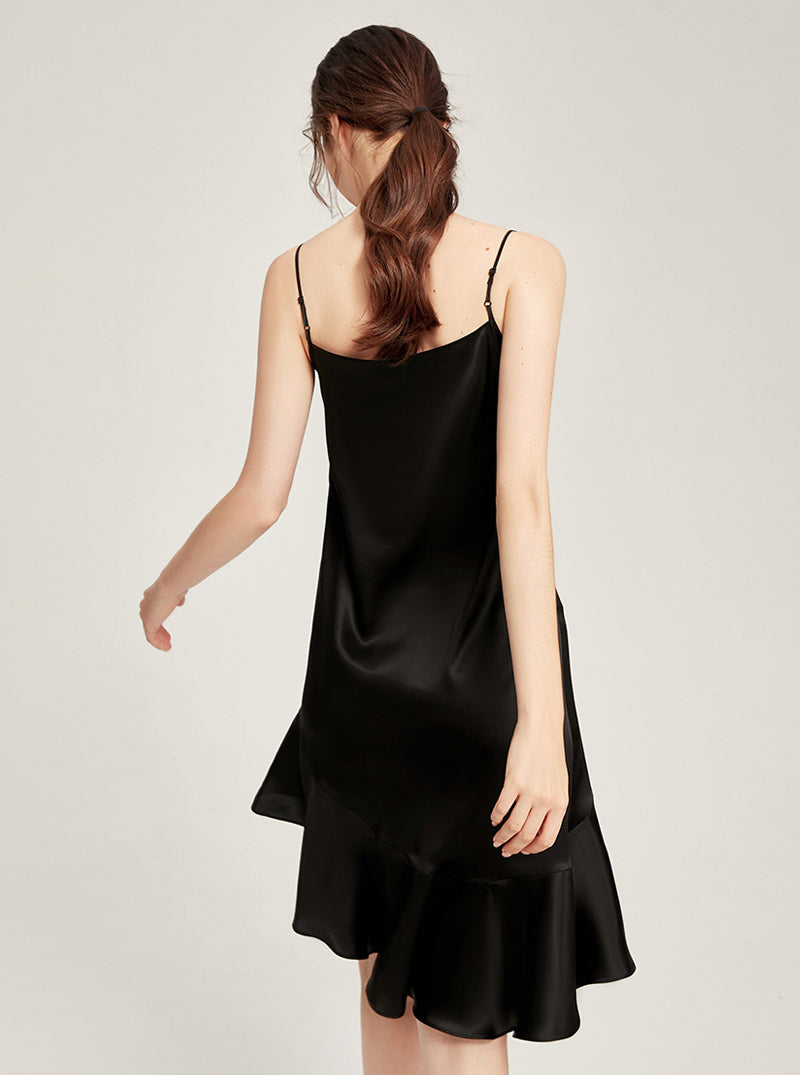 19 Momme Summer Felame V-Shaped Deep-Neck Lotus Leaf Skirt Stitching Sexy And Elegant Textured Solid Color Suspender Nightdress