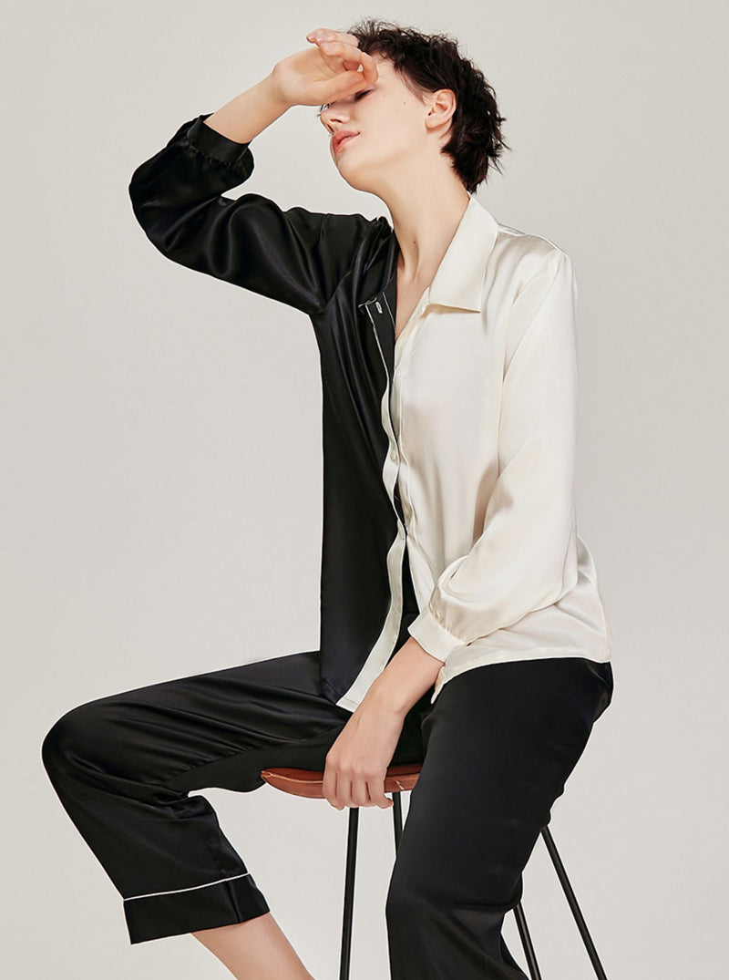 Spring Summer Female Shirt Style Silk Splicing Contrasting Color Matching Pajamas Comfortable Long Sleeve Two-Piece Set
