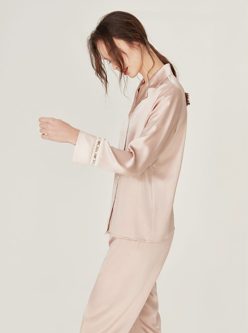 Spring Autumn Female Advanced Sense Silk Matching Pajamas Lapel Cute Hollow Lace Long Sleeve Two-Piece Set