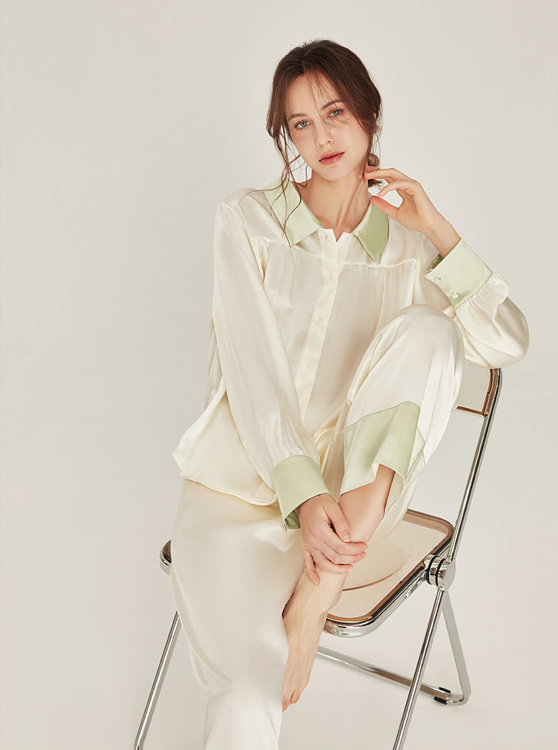 Spring Autumn Female Silk Matching Pajamas Milk White Splicing Fruit Green Shirt Collar Long Sleeve Two-Piece Set