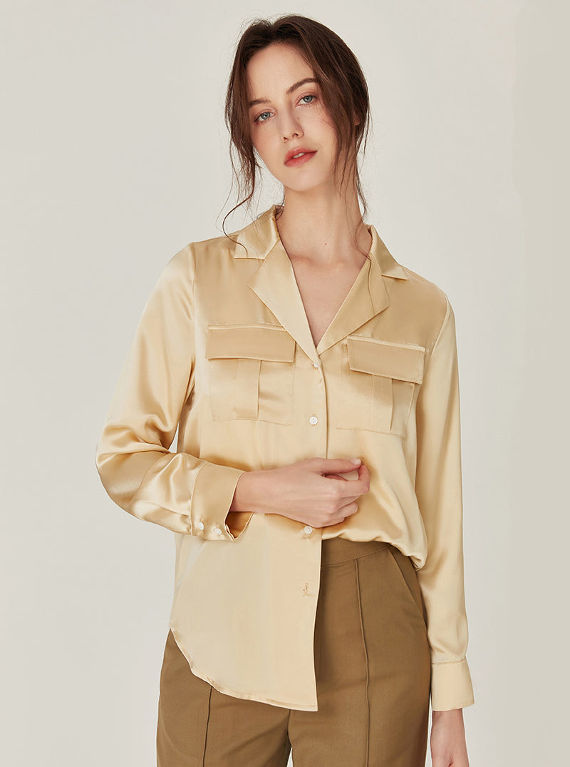 19 Momme Silk Lapel Shirt Simplicity Summer Female Can Be Worn Outdoors Long Sleeve Cool Pajamas Top