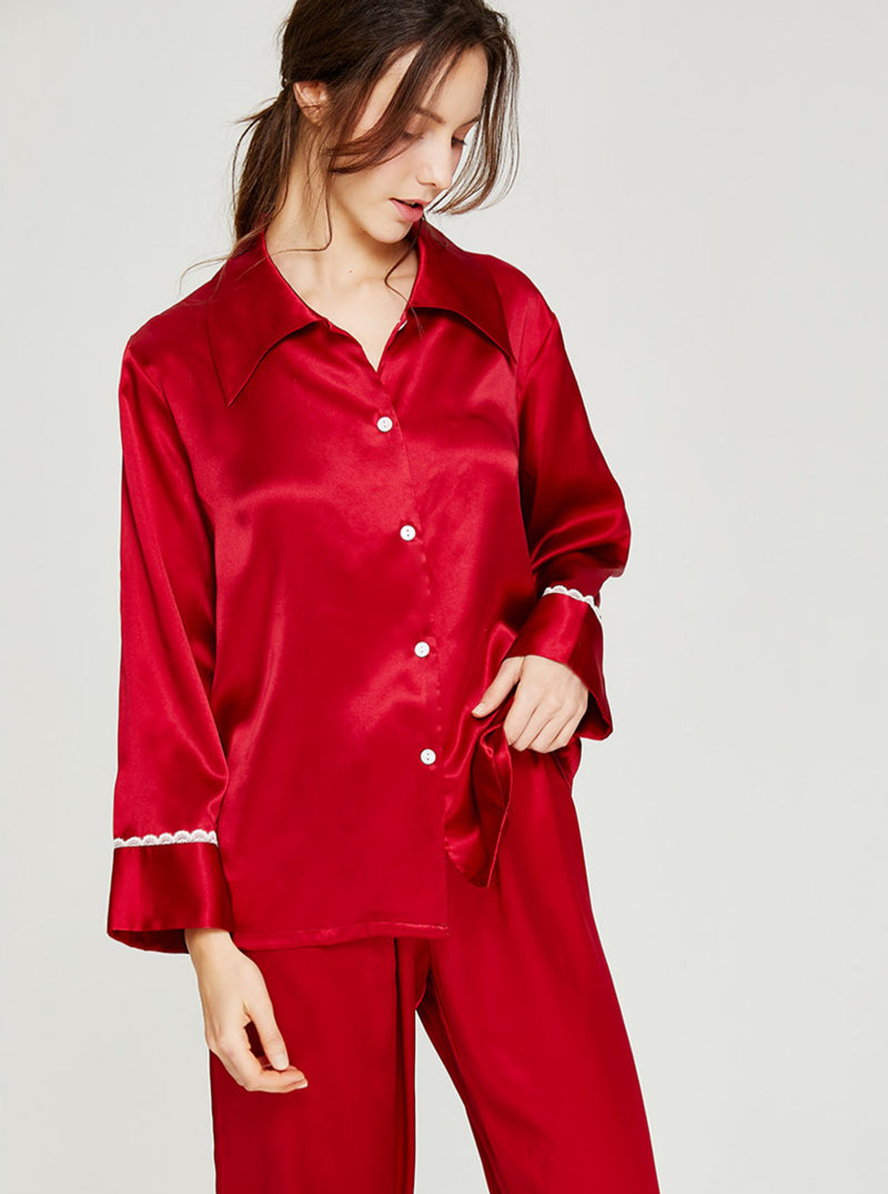 Silk Spring And Summer Ladies Shirt Collar Romantic Fashionable Small Lace Multi-Color Long-Sleeved Pajamas Two-Piece Set