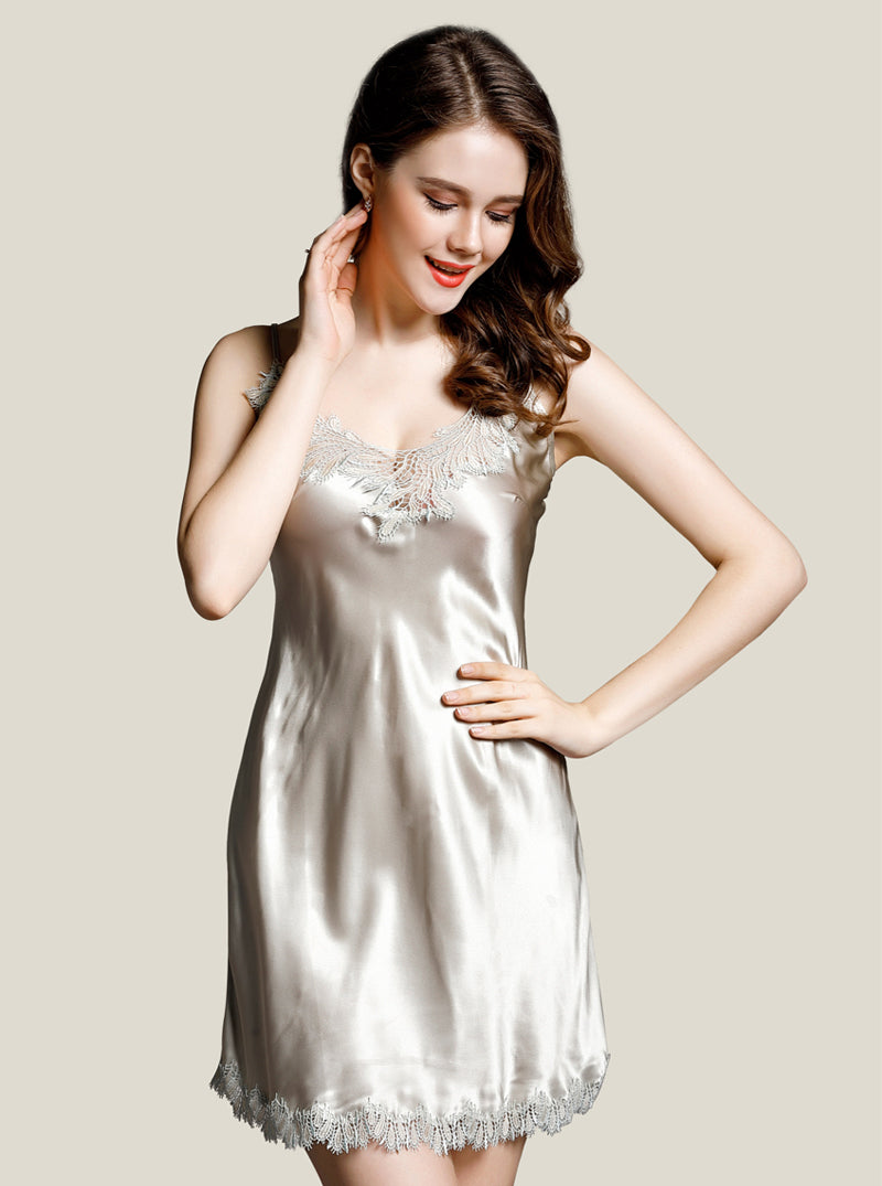 Hollow Lace Female Summer Silk V-Neck Sexy Slim Fit Elegant Solid Color Sling Nightdress