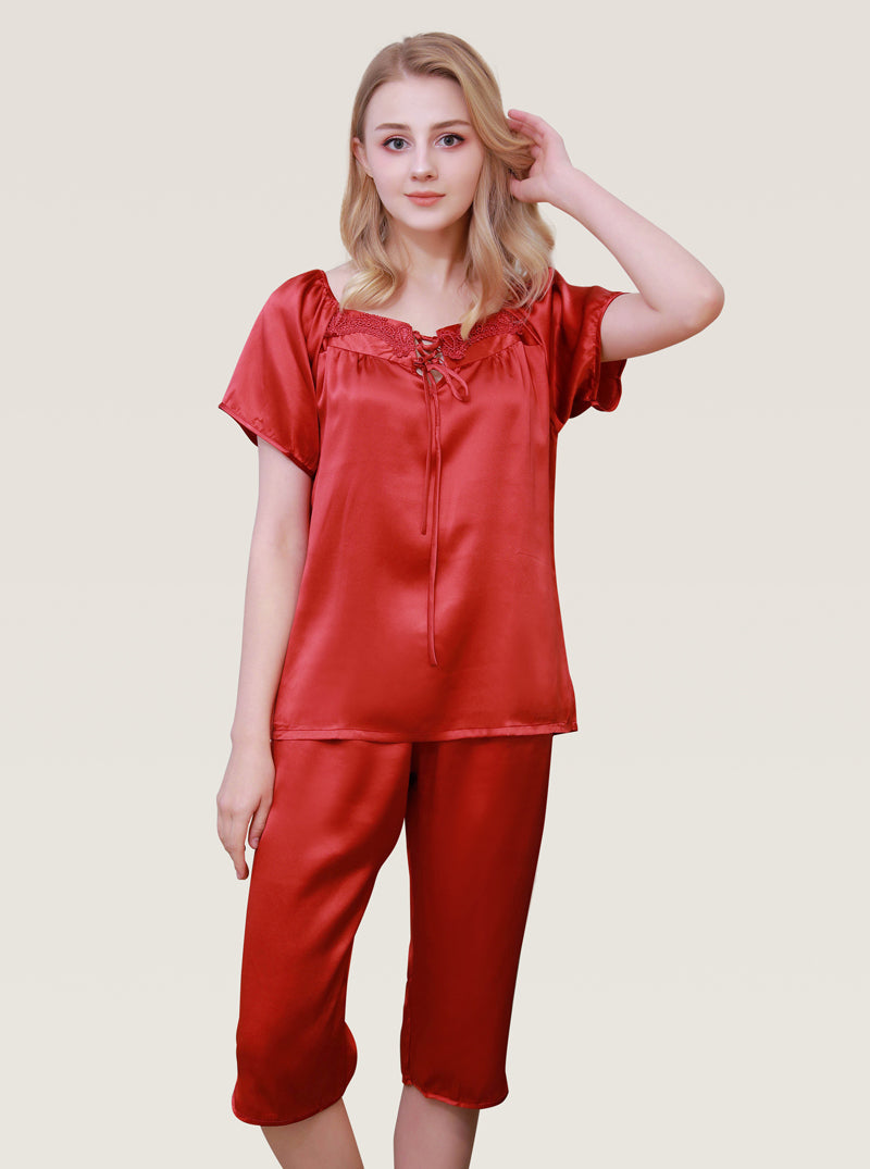 Female Spring And Autumn Silk Round Neck Embroidered Drawstring Comfortable Soft Breathable Short Sleeve Mid-Length Pants