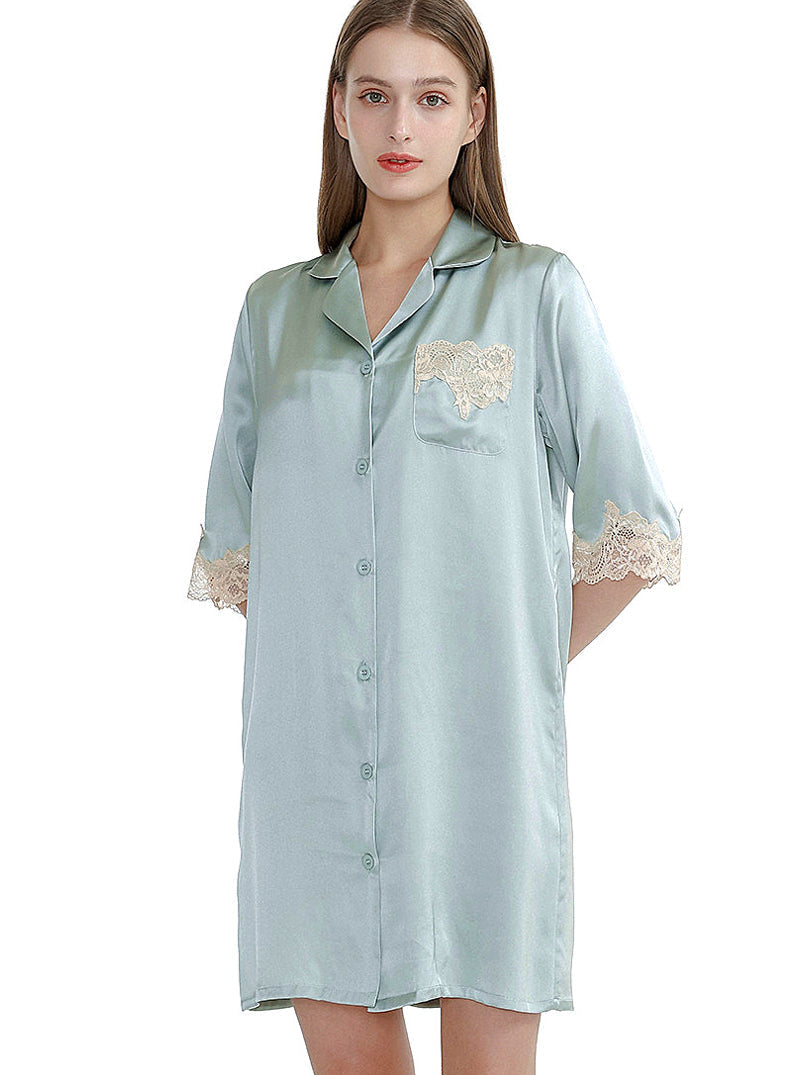 Summer Silk Female Small Lapel Noble Luxury Loose Mature Solid Color Mid-Sleeve Lace Nightdress