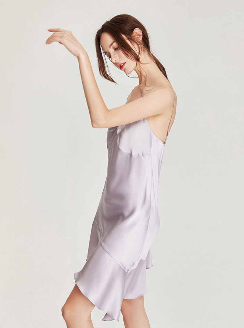 Summer Female Silk Sexy Elegant Fold Design V Collar Splicing Irregular A-Line Big Hem Slim Sling Nightdress