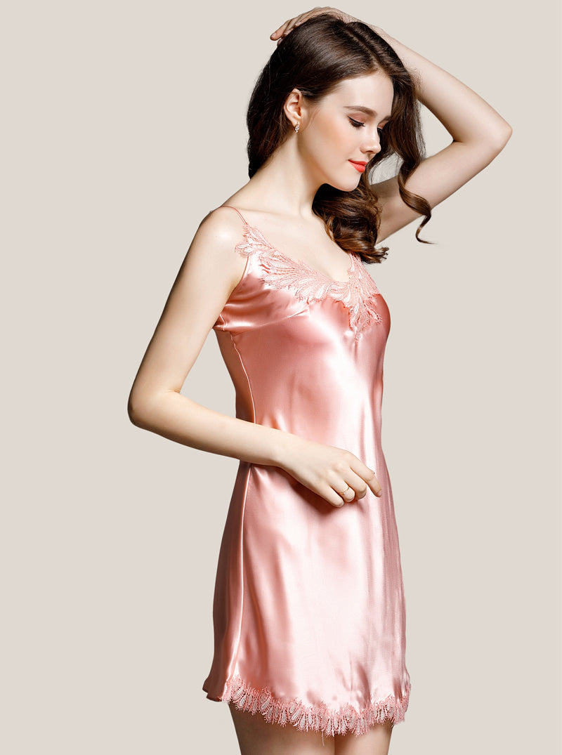 Hollow Lace Female Summer Silk V-Neck Sexy Slim Fit Elegant Solid Color Sling Nightdress