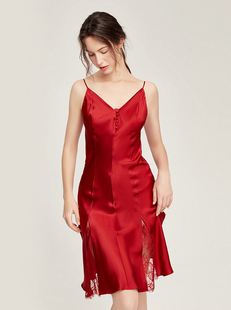 19 Momme Silk Multi-Buttons V Collar Splicing Lace Slit Hem Sexy Sling Nightdress Summer Female