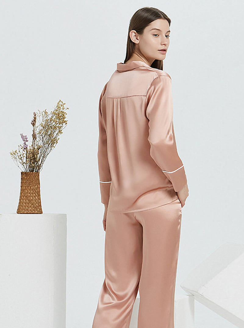 19 Momme Silk Spring And Autumn Female Shirt Collar Simple Atmosphere Fashion Casual Solid Color Long Sleeve Pants Pajamas Two Piece Set