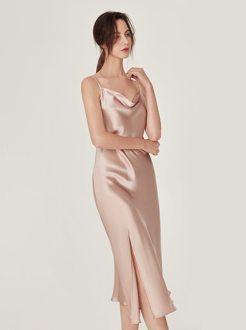 Simplicity Pure Color Silk Cowl-neck Elegant Sexy Split Hem Medium Length Slim Sling Nightdress