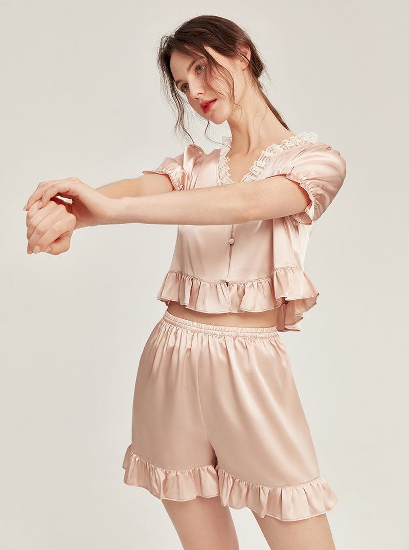 Silk Summer Female Lace V-Neck Ruffle Hem Elegant Simple Romance Gentle Sweet Comfort Sexy Youth Solid Color Short Sleeve Two-Piece Pajamas