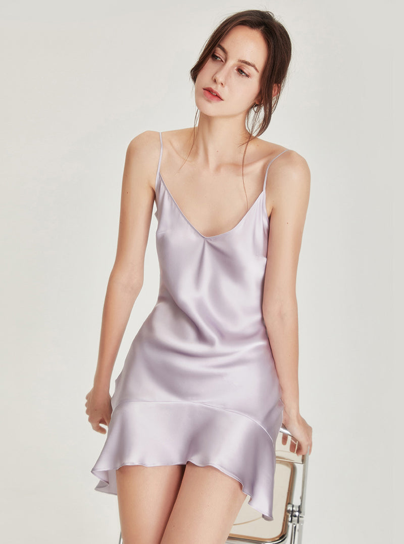Summer Silk Pure Color Simplicity Sexy V Collar Splicing Irregular A-shaped Big Hem Sling Short Nightdress