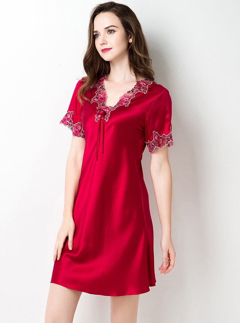 Silk Summer Female Lace Stitching V-Neck Sexy High-End Luxury Casual Solid Color Short-Sleeved Nightdress