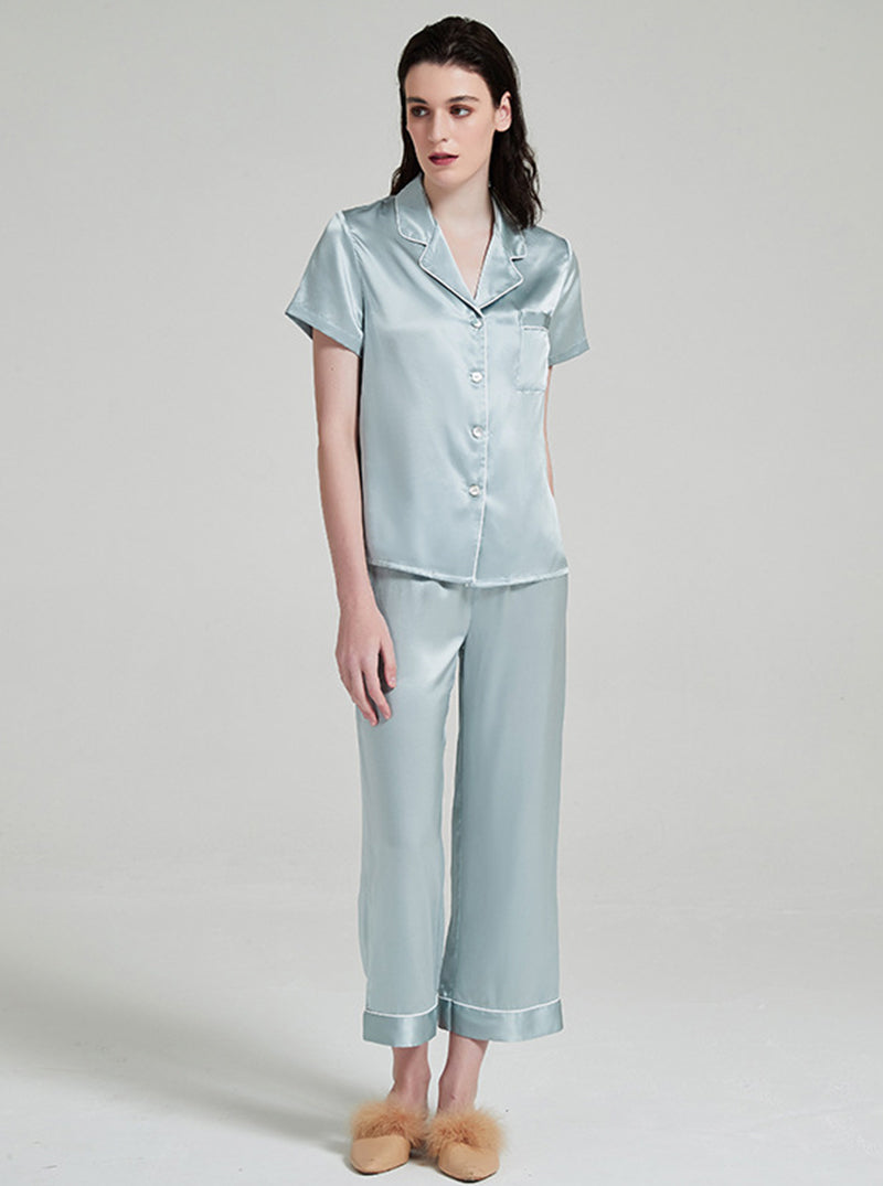 Suit Collar 19 Momme Silk Female Summer Multiple Colors Simple Classic Comfortable Short Sleeve Pants Pajamas Two Piece Set