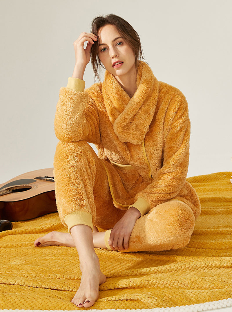 Winter Thickened Warm Pajamas Female Coral Velvet V Collar Long Sleeve With Scarf Can Be Worn Outdoors Set