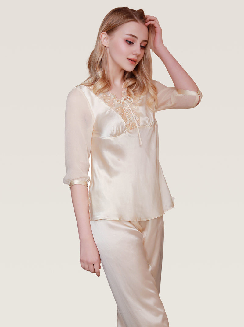 Mid-Sleeve Silk Spring And Autumn Female V-Neck Sexy Beautiful And Comfortable Lace Solid Color Pajamas Two-Piece Set