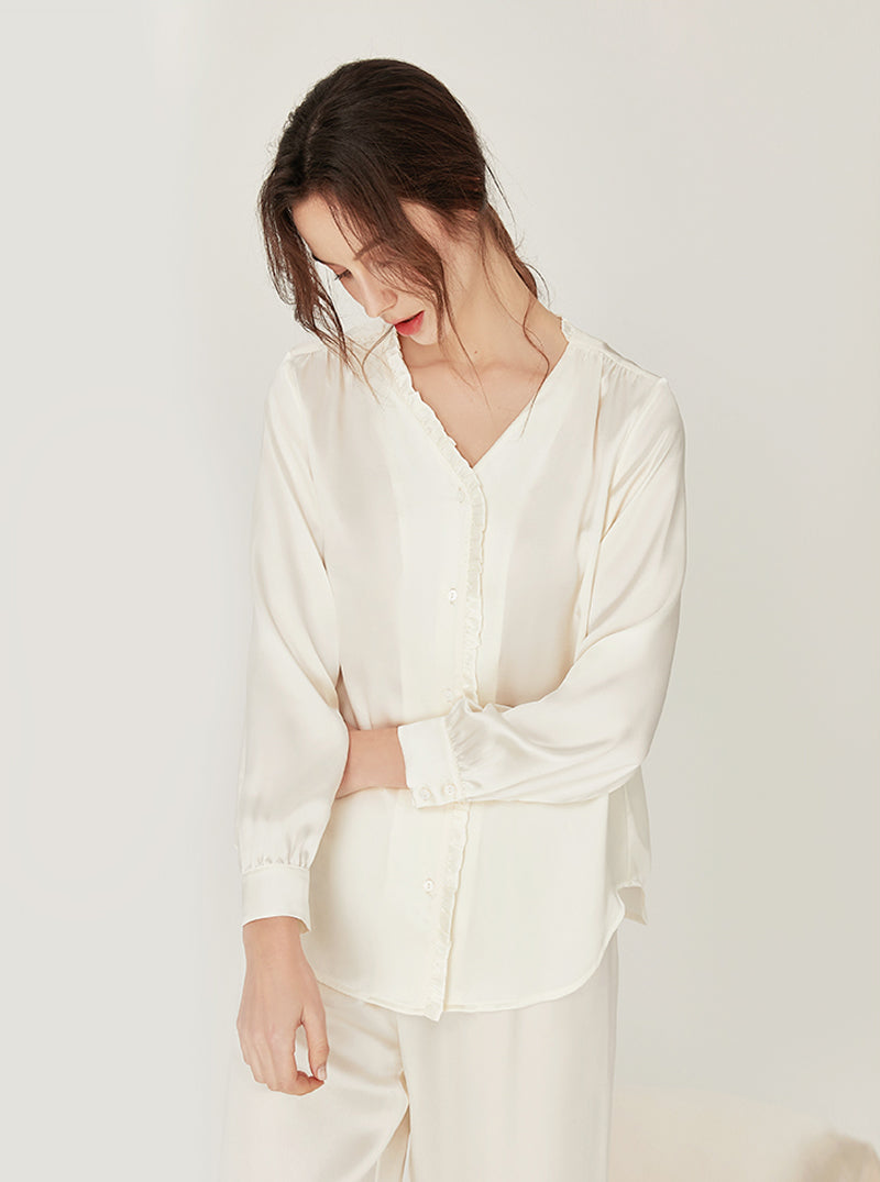Female Spring Summer Silk Matching Pajamas Sweet Ruffle V Collar Circular Arc Hem Long Sleeve Advanced Sense Two-Piece Set