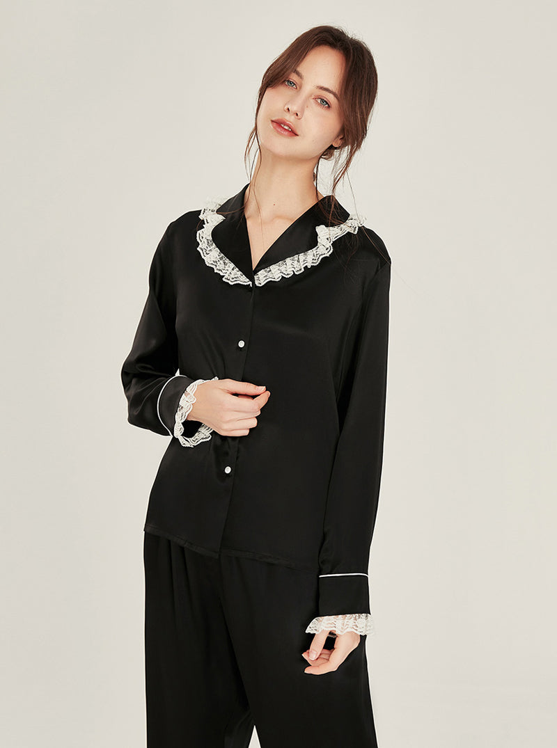 Silk Autumn Matching Pajamas Female Cute Ruffle Lace Lapel Collar Long Sleeve Advanced Sense Two-Piece Set