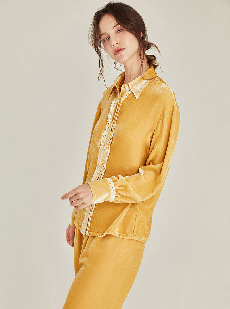 Autumn Winter Warm Mulberry Silk Velvet Matching Pajamas Female Lazy Sense Can Be Worn Outdoors Lapel Lace Design Long Sleeve Two-Piece Set
